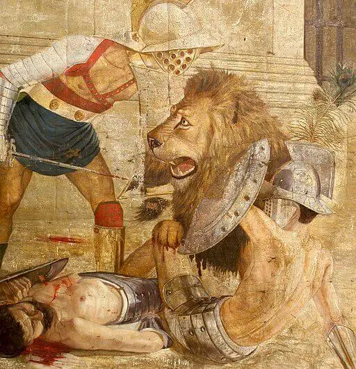 león de berbería en el coliseo luchando contra gladiadores